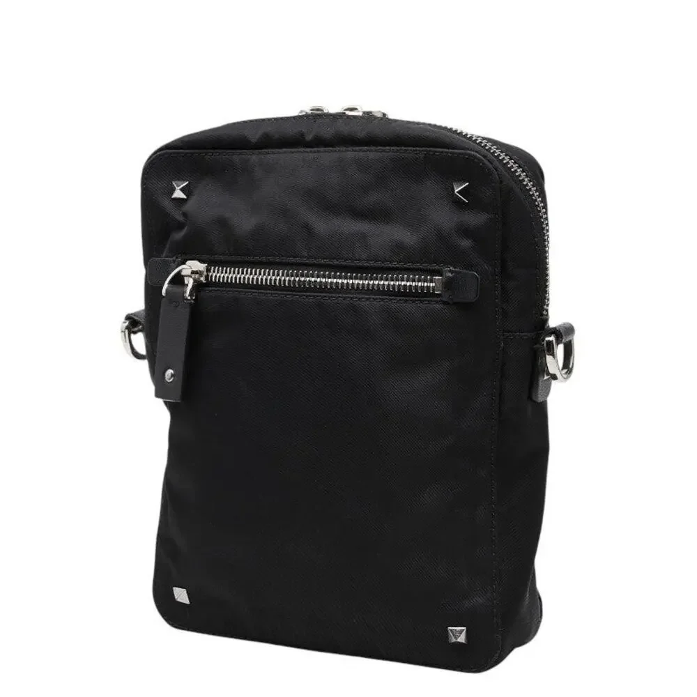 Valentino Nylon Logo Studs Shoulder Bag Black